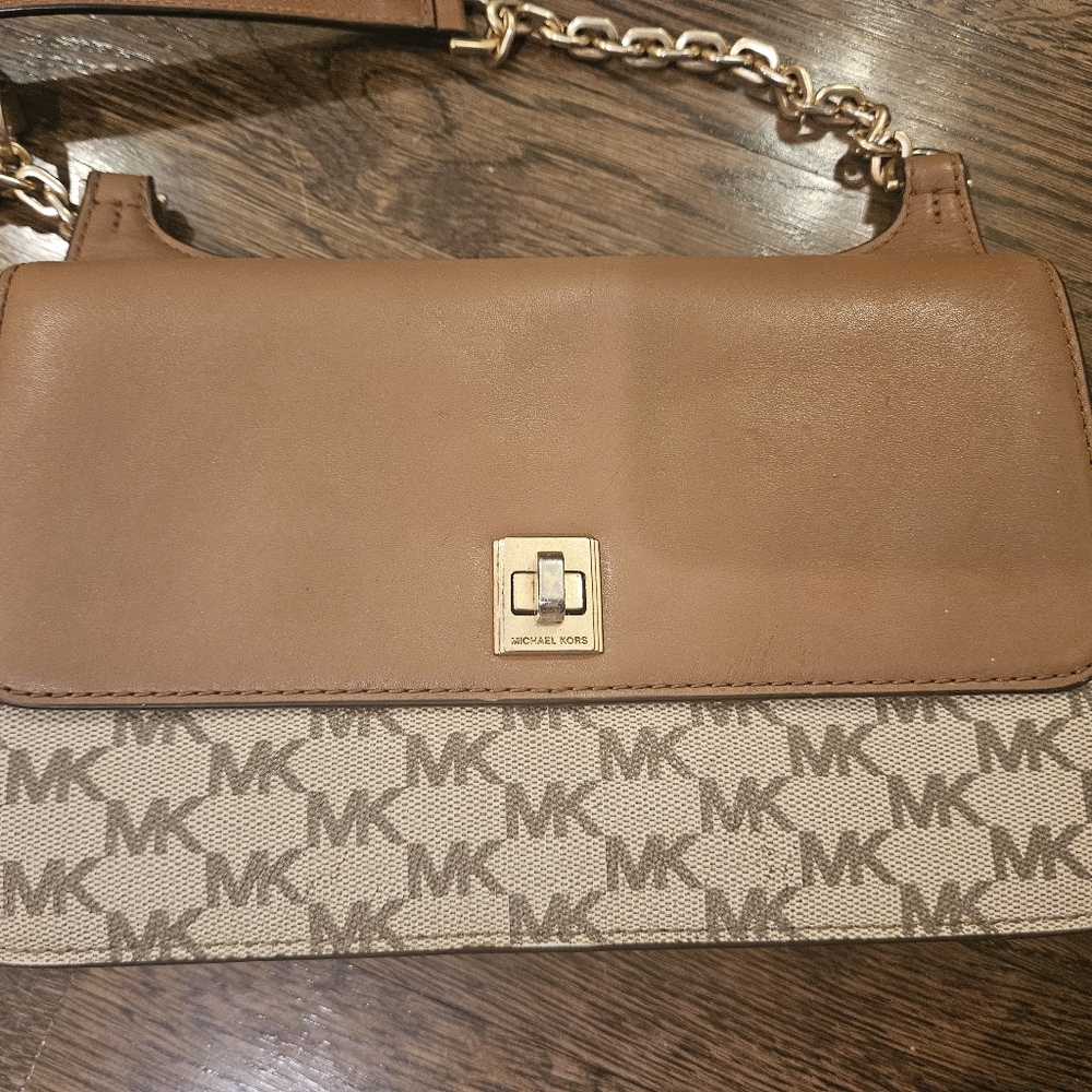 Michael Kors Brown and Tan Shoulder Bag with Monogram Pattern and Gold Hardware